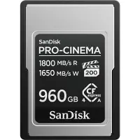 SanDisk PRO-CINEMA, 960 Go, CFexpress Type A, 1800 Mo/s, 1650 Mo/s, résistant aux chutes, à la poussière, à l'eau, noir, métallique