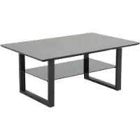 Hela Tische, Table basse Arne, revêtement en verre 5mm aspect céramique, piétement traîneau en métal anthracite, grande tablette en verre foncé, dimensions 105x69x45cm