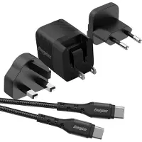 Energizer , GaN 4A Chargeur secteur USB-C 20W avec câble et prise EU/UK/US, noir