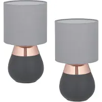 Relaxdays Lampe de table , lot de 2, pied en métal, abat-jour en tissu, culot E14, H x P : 32 x 18 cm, lampe de chevet avec câble, gris/cuivre