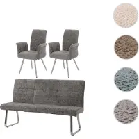 Mendler Set de salle à manger HWC-G55, set de 2 chaises avec accoudoirs+banc 180cm, inox brossé tissu/textile chenille gris foncé