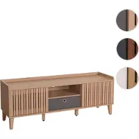 Mendler Meuble TV HWC-M48, Buffet TV, porte coulissante en bois massif de manguier 56x150x40cm beige, tiroir gris