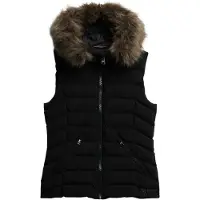 Superdry Femme Veste Sans Manche en Fausse Fourrure à Capuche Fuji Noir Taille: 38