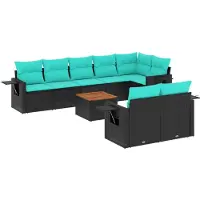 vidaXL Ensemble de 9 canapés de jardin avec coussins, polyrattan noir