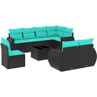 vidaXL Ensemble de 9 canapés de jardin avec coussins, polyrattan noir