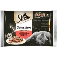 Sheba Selection Juicy Flavours sachets 52x85g nourriture complète humide pour chats adultes en sauce avec poulet et bœuf, poulet, agneau, canard et dinde.