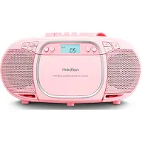 Medion E66476 Stereo Sound System (Boombox, lecteur CD, MP3, cassette, lecteur de cassette portable pour enfants, radio FM, AUX, écouteurs, secteur & batterie) Rose