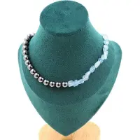 Bijoux Pierres et Minéraux. Collier perles Aigue-Marine du Brésil + Hématite 8 mm. Chaine en acier Collier femmes, hommes. Taille personna