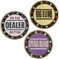 Relaxdays Lot de boutons de poker , 3 pièces, bouton du donneur, grosse blind et petite blind, housses de protection incluses, Ø 4 cm, 30 g chacun, dorés
