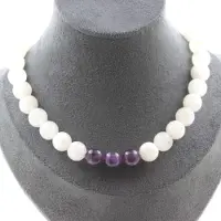 Bijoux Pierres et Minéraux. Collier perles Pierre de lune 10 mm + Améthyste 10 mm. Chaine en acier Collier femmes, hommes. Taille personna
