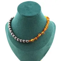 Bijoux Pierres et Minéraux. Collier perles Ambre véritable de la mer Baltique + Hématite 8 mm. Collier femmes, hommes. Taille personnalisa