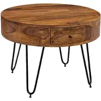 Wohnling Table basse en bois massif de sheesham / métal 60 x 44,5 x 60 cm Table de salon design Table d'appoint avec tiroirs Petite table de salon ronde marron