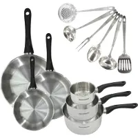Fackelmann Set 3 poêles 20 24 et 28 cm, 3 casseroles en inox et 6 ustensiles inox Geneva