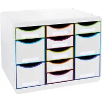 Exacompta Store-Box Multi Iderama Arc-en-ciel, 11 tiroirs ouverts (7 plats/4 hauts), silencieux, empilable, garantie 25 ans Questions Explications