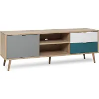 Finori Meuble TV scandinave -Reproduction chêne, gris, blanc et bleu pétrole - 1 porte - 150 x 40 x hauteur 51 cm
