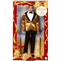 Barbie Signature 2025 Holiday Blonde Ken Poupe tendance collectionner portant un costume complet avec veste dore dans un emballage prsentabl