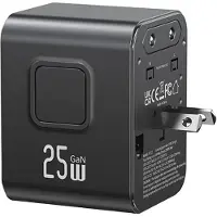Usams , Chargeur de voyage 25W avec 2 prises USB-A USB-C AU UK US EU CN, Noir