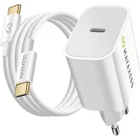 Avizar Mayaxess, adaptateur secteur 20W + câble USB-C 1m pour iPhone 17 / Pro / Pro Max / Air, blanc