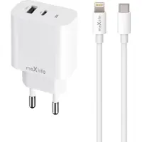 MaXlife MXTC-06 PD QC charger 1x USB-C 1x USB 20W blanc + câble USB-C - Lightning 20W (20 W, 2 ports), Chargeur USB, Blanc