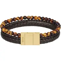 HUGO Bracelet en cuir tressé marron avec perles de tigre