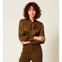 Twinset pour femme. 252TT2361 Chemise en satin jacquard vert (44), Casuel, Viscose, Manche longue