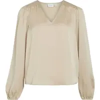 Vila Ellette Smock Satin Top Long Sleeve Blouse Beige 36 Femme