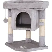 Lionto Arbre à chat pour chats 60 cm, avec grotte douillette, boules en peluche & troncs en sisal robustes, peu encombrant & moderne, gris clair