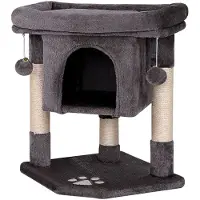 Lionto Arbre à chat pour chats 60 cm, avec grotte douillette, boules en peluche & troncs en sisal robustes, peu encombrant & moderne, gris clair