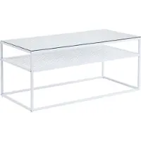 Wohnling Table basse rectangulaire en verre 100 cm blanche Table de salon moderne avec piètement métallique et tablette au design industriel Table basse avec plateau en verre