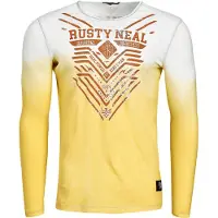 O46rn Chemise homme à manches longues tendance, coupe ajustée, col rond, effet délavé, imprimé dégradé sur le devant, référence 10148 Jaune