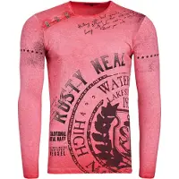 O46rn Chemise homme à manches longues, col rond, imprimé, effet délavé, patte de boutonnage, coupe ajustée, référence 10145 Rouge