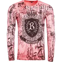 O46rn Chemise élégante à manches longues pour homme, col rond, imprimé délavé, coupe ajustée, 10142 corail