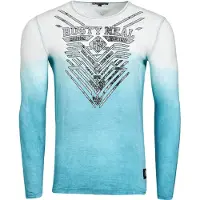 O46rn Chemise homme à manches longues tendance, coupe ajustée, col rond, imprimé dégradé sur le devant, effet délavé, référence 10148 Petrol
