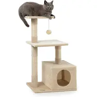 Lionto Arbre à chat, 85 cm Arbre à chat & de jeu compact avec grotte, 2 plateaux, balle en peluche & troncs en sisal, avec support mural, beige