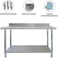MonsterShop Table de Préparation en Inox 120cm Cuisine Restaurant Cantine Surface Plan de Travail Pour Aliments [Hauteur Ajustable et 2 Chiffons Microfibres INCLUS] Capacité de 250 KG