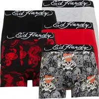 Ed Hardy Boxers novum cinq-pack hommes - Noir AOP/Rouge/Noir AOP/Noir/Gris Marl