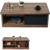 Mendler Table basse HWC-K75, table d'appoint table de salon, porte coulissante 6 compartiments de rangement, aspect bois métal 44x120x60cm brun
