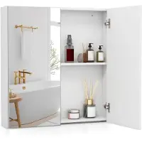 Costway Armoire de salle de bain avec miroir , armoire murale de salle de bain avec miroir, armoire suspendue avec miroir de salle de bain en bois, 62 x 11,5 x 65 cm, blanc