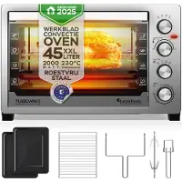 TurboTronic mini-four électrique – EVS45 – 45 l, 2000 W, chaleur tournante, tournebroche, inox, 2 plaques, minuterie, éclairage intérieur, four à pizza compact