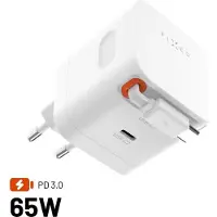 FIXED Chargeur de voyage GaN 65W avec câble rétractable, double USB-C, Charge Rapide PD 3.0, Blanc