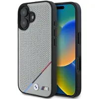 BMW Étui M Perforated Tricolor Line MagSafe iPhone 16 - gris