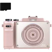 INF Appareil photo à double objectif numérique 4K 48MP avec zoom 18X et carte 32 Go Pink