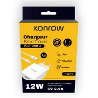 KONROW KK12AATC - Chargeur Secteur Complet (Adaptateur USB 12W & Câble USB Type C détachable, 1m) Blanc (Compatible, Blister)