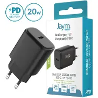 Jaym , Chargeur rapide Adaptateur secteur USB-C 20W 3A Power Delivery PPS, Noir