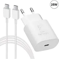 E.F.Connection Chargeur Usb-C 25w + Câble Usb-C Vers Usb-C 1m Blanc Pour Redmi Note 9 Pro Note 9s 9 9t -