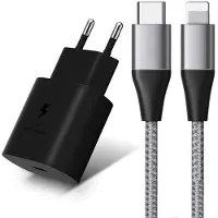 E.F.Connection Chargeur USB-C 25W + Câble USB-C vers Lightning 1 Mètre 3A Gris pour iPhone 14 Pro Max, 14 Plus, 14 Pro, 14, 13, 12, 11 -
