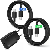 E.F.Connection Chargeur Rapide USB-C 45W + Câble USB-C 1M+1.8M pour Samsung Galaxy S25 FE S25 Ultra S25 Plus - Noir - EFConnection