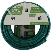 Kinzo tuyau d'arrosage set 15 mètres - Tuyau d'eau 14mm (1/2") max. 6Bar - avec 3 raccords et 1 embout de pulvérisation - Convient pour les arroseurs de jardin - Vert