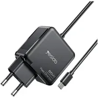 Yesido Chargeur Usb-C - 65w, Charge Rapide, Câble 2 Mètres Intégré, Prise Eu, Compatible Ordinateurs Portables
