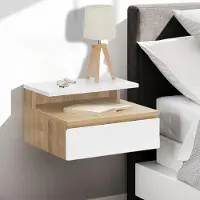 IDMarket Lot de 2 tables de chevet murales tomi 1 tiroir + 1 tablette étagère suspendue + 1 tablette façon hêtre et blanc